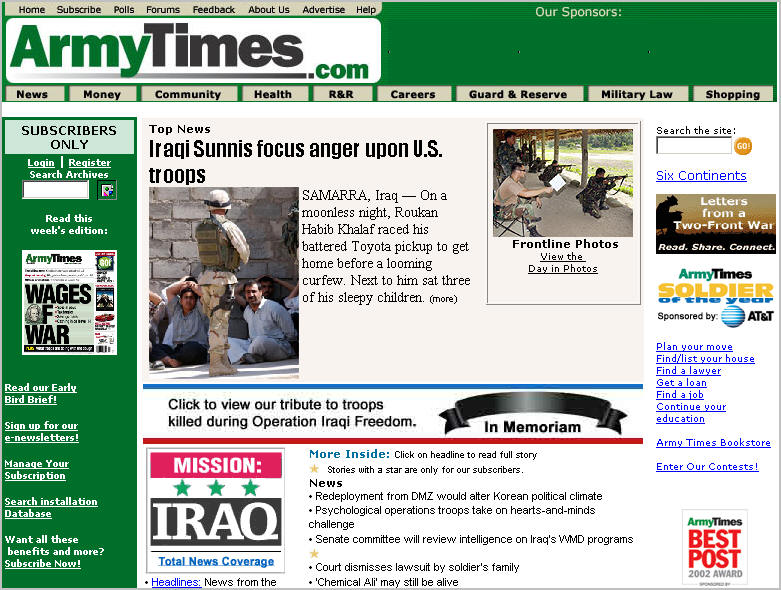 screenshot of Army Times website from the 2003 Iraq War Collection